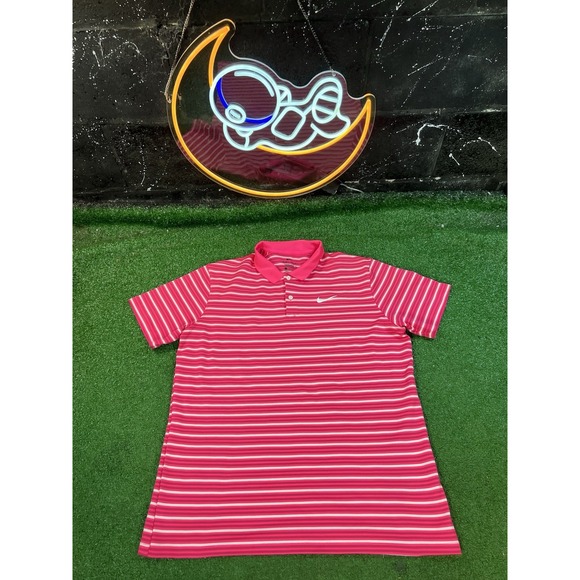 Nike Golf Dri-Fit Short Sleeve Preppy‎ Bright Pink Striped Polo Men's Large - Picture 1 of 5